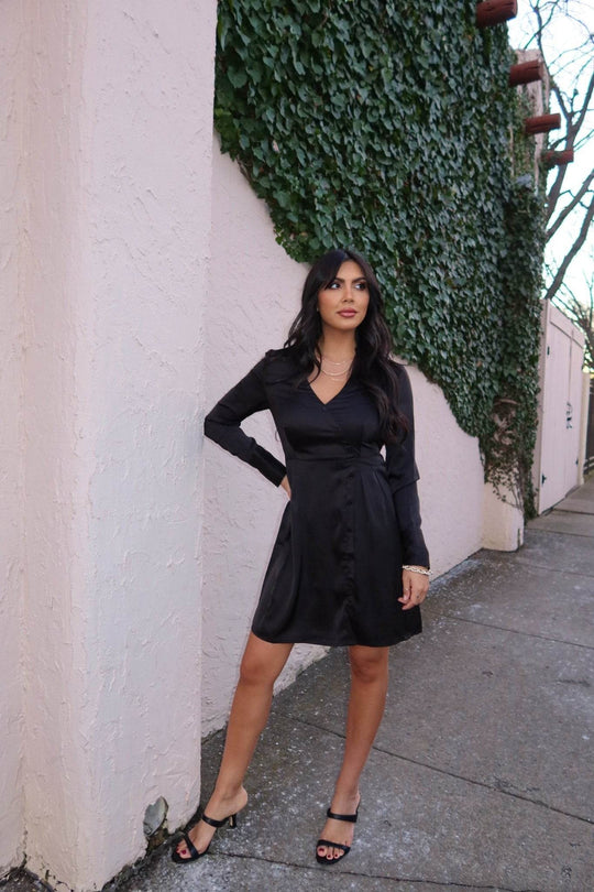 Black V Neck Satin Mini Dress - FINAL SALE - One Revolver Surfboards
