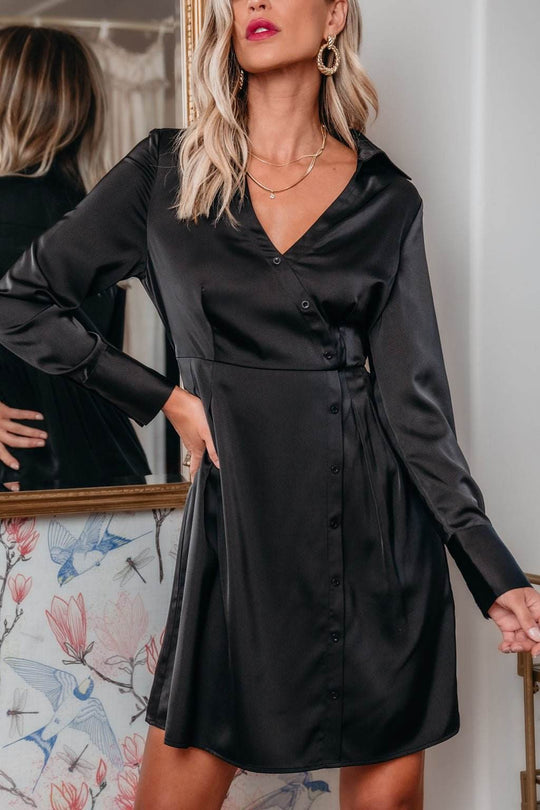 Black V Neck Satin Mini Dress - FINAL SALE - One Revolver Surfboards