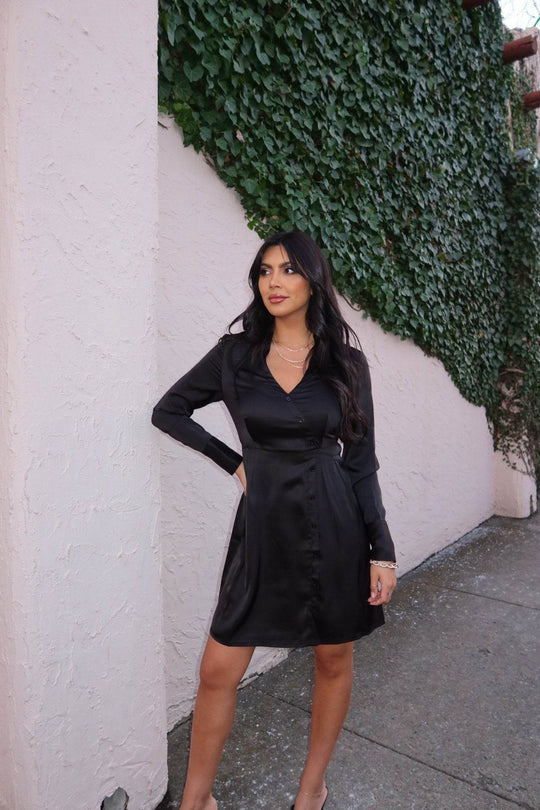 Black V Neck Satin Mini Dress - FINAL SALE - One Revolver Surfboards