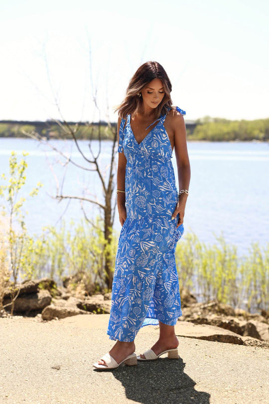 Blue and White Print Tiered Maxi Dress - DOORBUSTER - One Revolver Surfboards