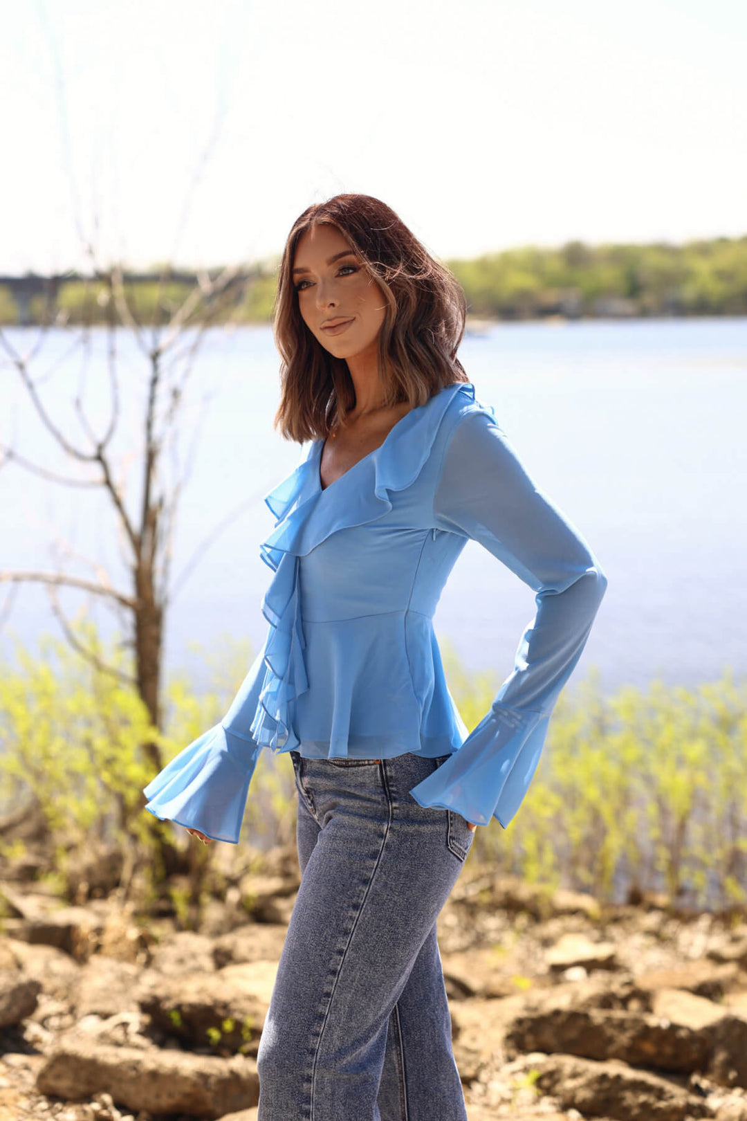 Blue Coastal Charm Ruffle Detail Blouse - FINAL SALE