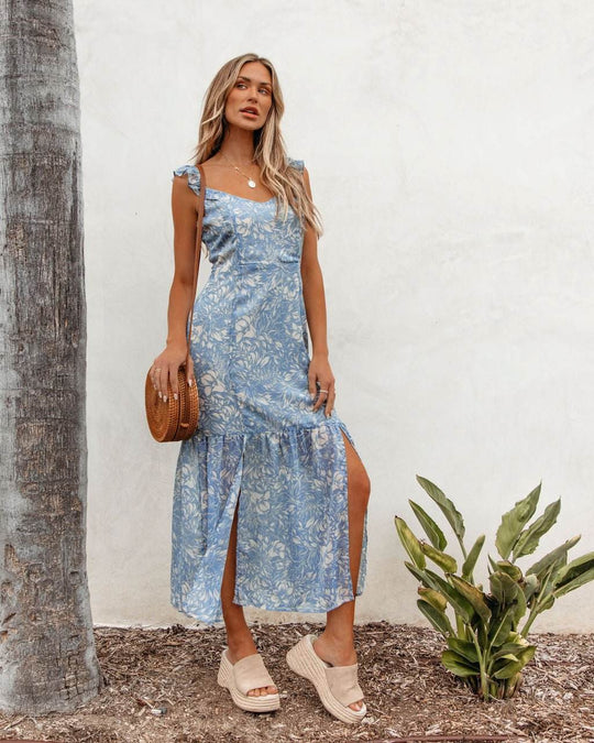 Blue Floral Print Chiffon Midi Dress - DOORBUSTER - One Revolver Surfboards