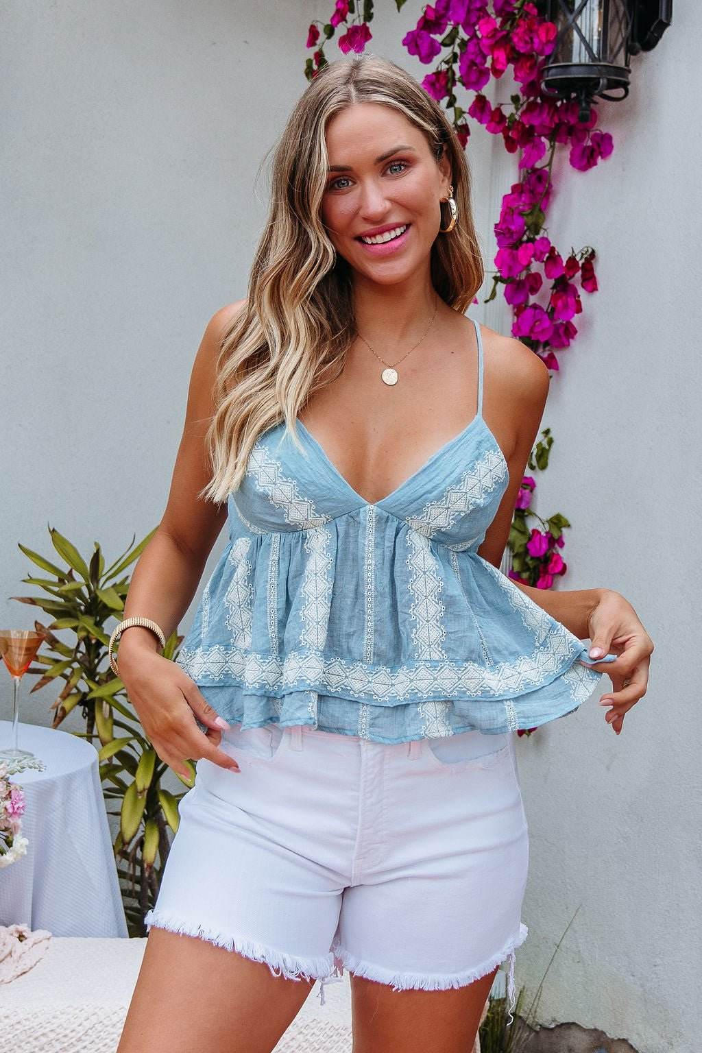 Blue Ruffle Embroidered Babydoll Tank Top - FINAL SALE - One Revolver Surfboards