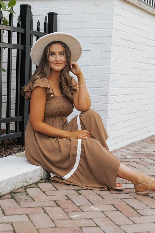 Brown Contrast Flutter Sleeve Midi Dress - FINAL SALE - One Revolver Surfboards