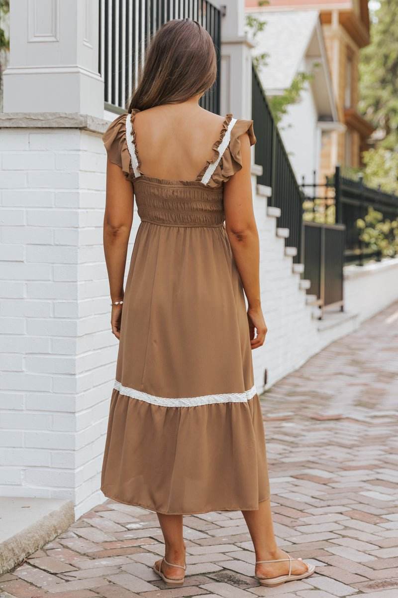 Brown Contrast Flutter Sleeve Midi Dress - FINAL SALE - One Revolver Surfboards