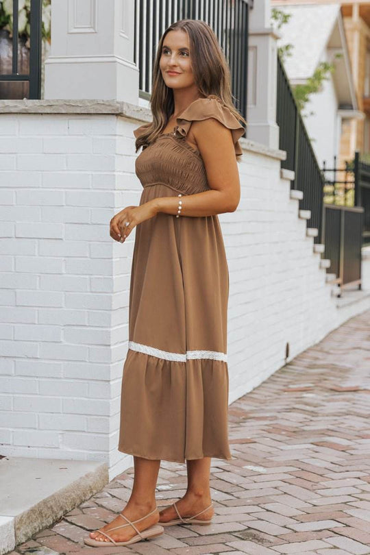 Brown Contrast Flutter Sleeve Midi Dress - FINAL SALE - One Revolver Surfboards