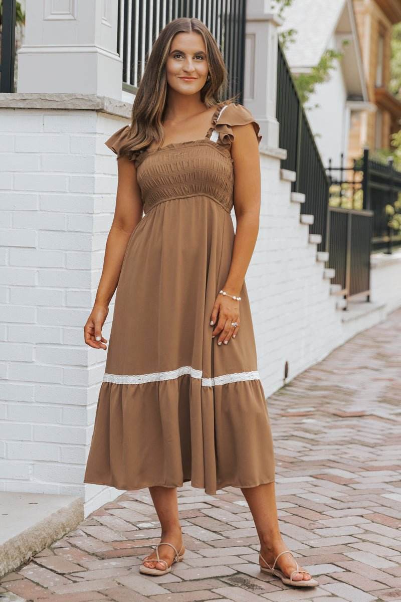 Brown Contrast Flutter Sleeve Midi Dress - FINAL SALE - One Revolver Surfboards