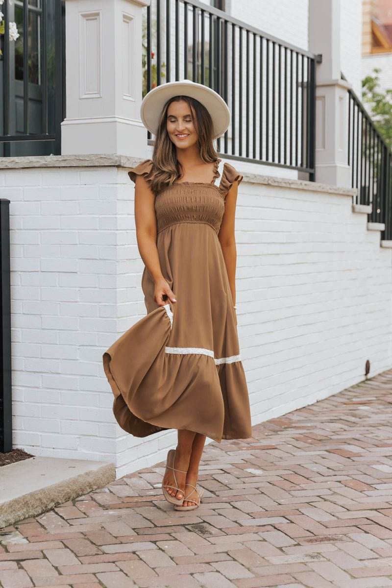 Brown Contrast Flutter Sleeve Midi Dress - FINAL SALE - One Revolver Surfboards