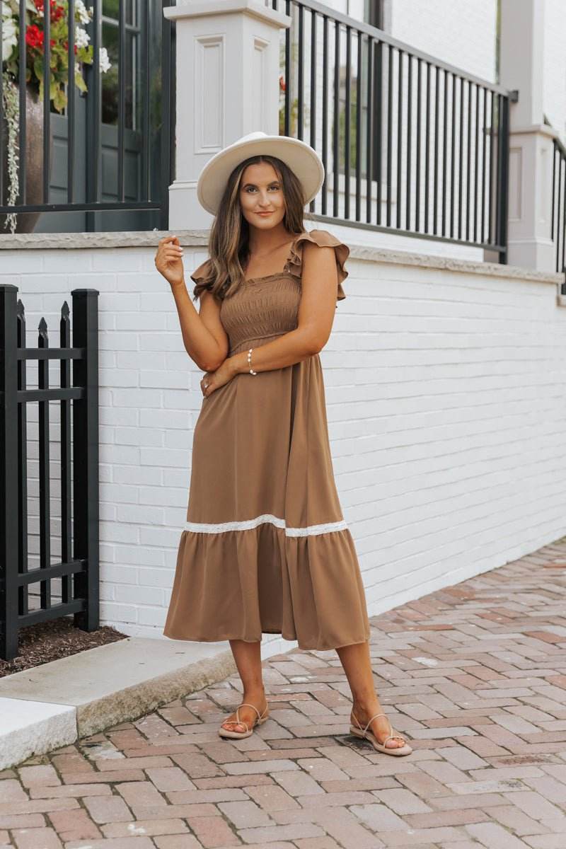 Brown Contrast Flutter Sleeve Midi Dress - FINAL SALE - One Revolver Surfboards