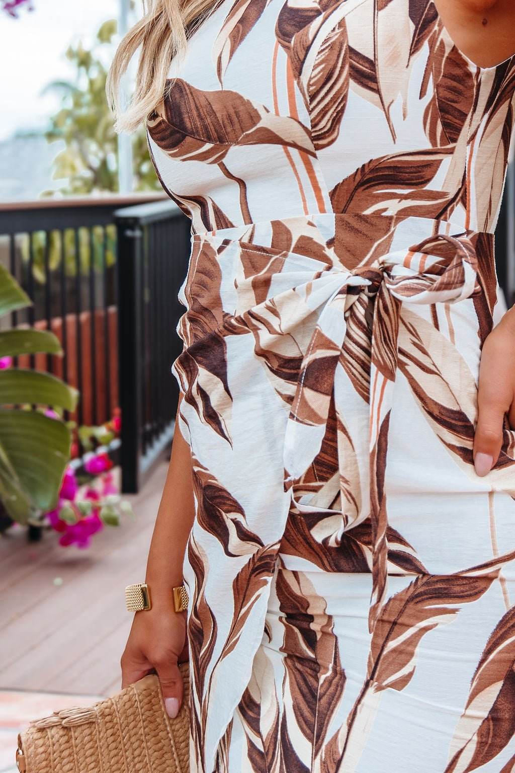 Brown Leaf Print Wrapped Midi Dress - DOORBUSTER - One Revolver Surfboards