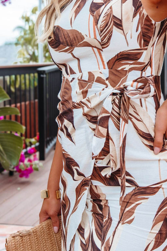 Brown Leaf Print Wrapped Midi Dress - DOORBUSTER - One Revolver Surfboards