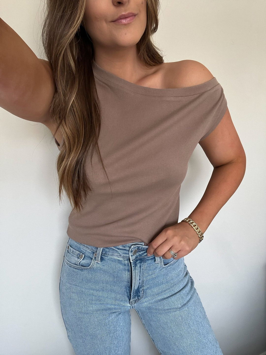 Brown Off The Shoulder Ribbed Top - FINAL SALE