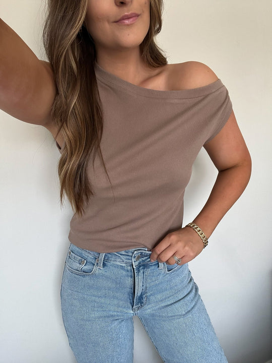 Brown Off The Shoulder Ribbed Top - FINAL SALE