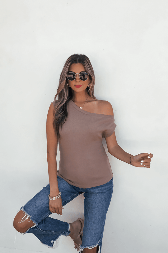 Brown Off The Shoulder Ribbed Top - FINAL SALE
