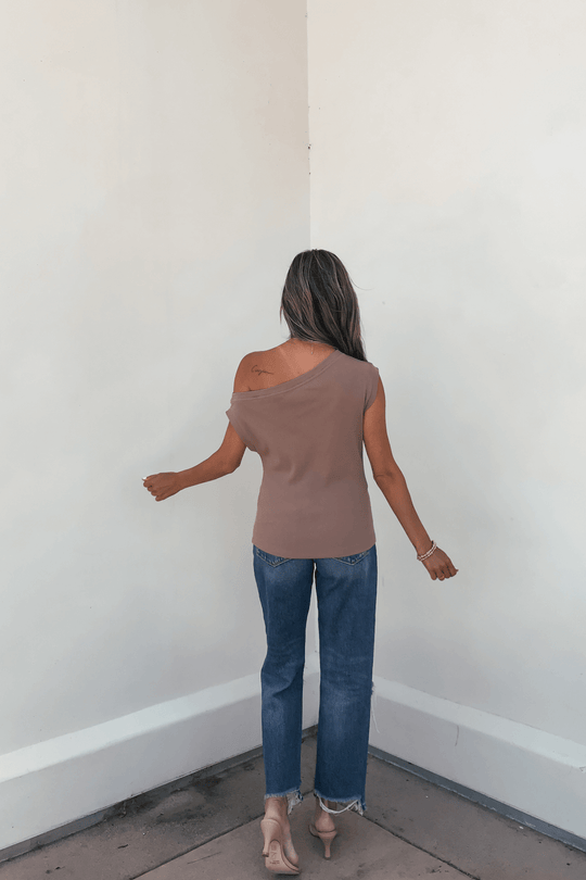 Brown Off The Shoulder Ribbed Top - FINAL SALE