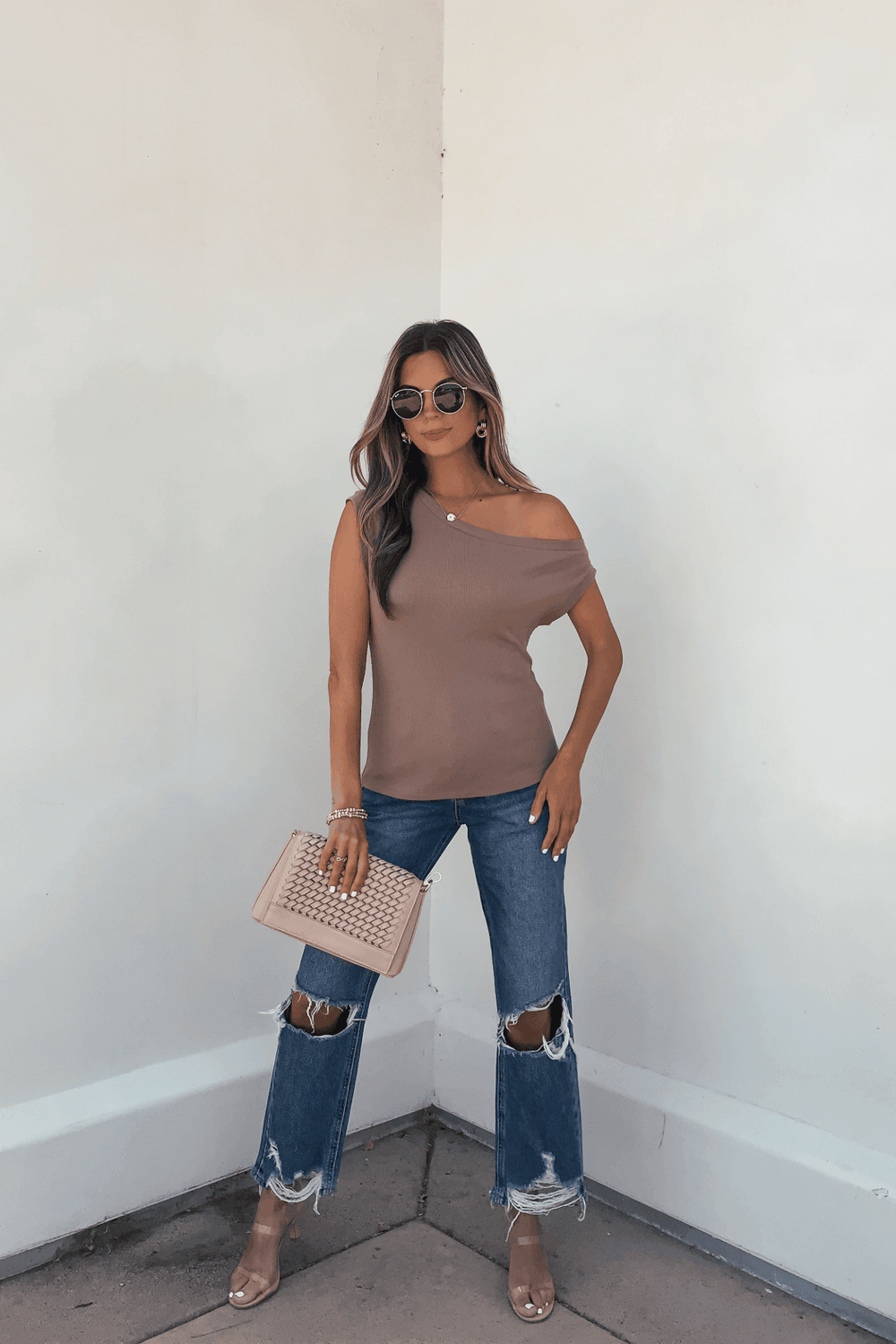 Brown Off The Shoulder Ribbed Top - FINAL SALE - One Revolver Surfboards
