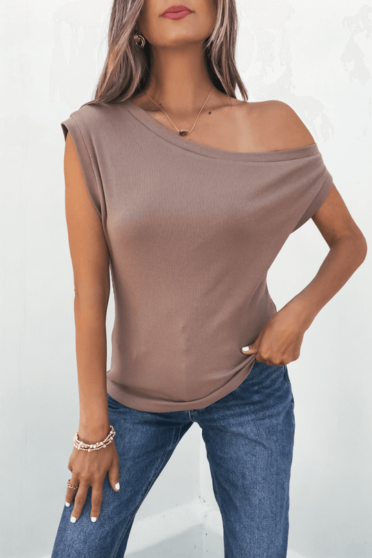 Brown Off The Shoulder Ribbed Top - FINAL SALE