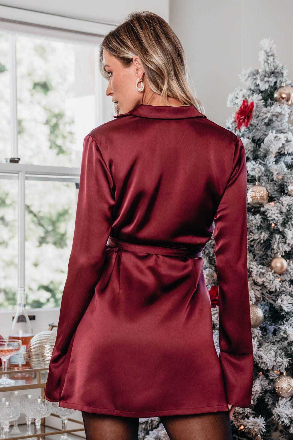 Burgundy Wrap Satin Mini Dress-FINAL SALE - One Revolver Surfboards