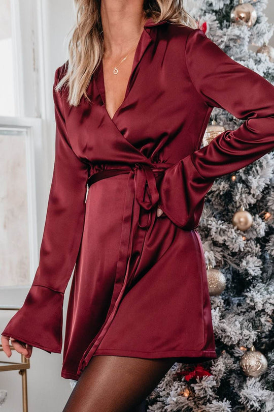 Burgundy Wrap Satin Mini Dress-FINAL SALE - One Revolver Surfboards