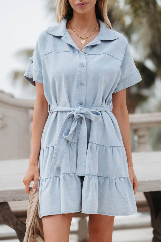 Button Down Tiered Mini Dress - Light Denim - FINAL SALE - One Revolver Surfboards