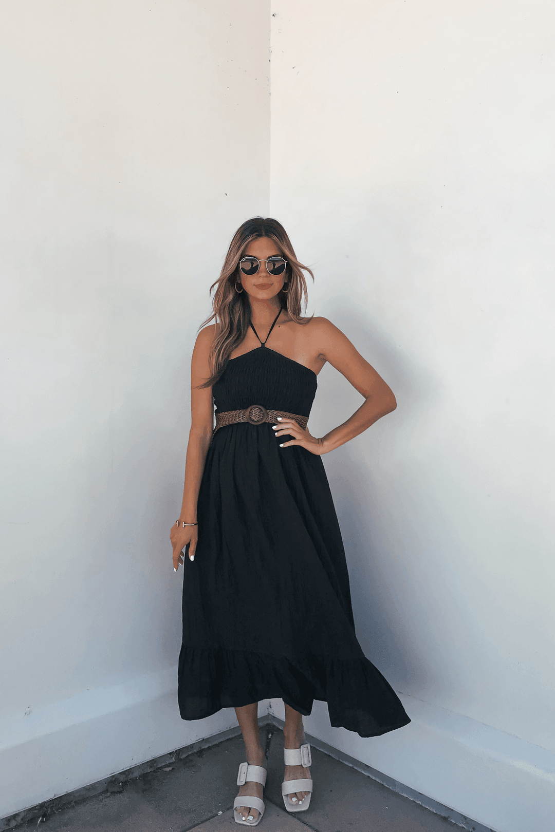 Camille Black Halter Belted Midi Dress - DOORBUSTER - One Revolver Surfboards