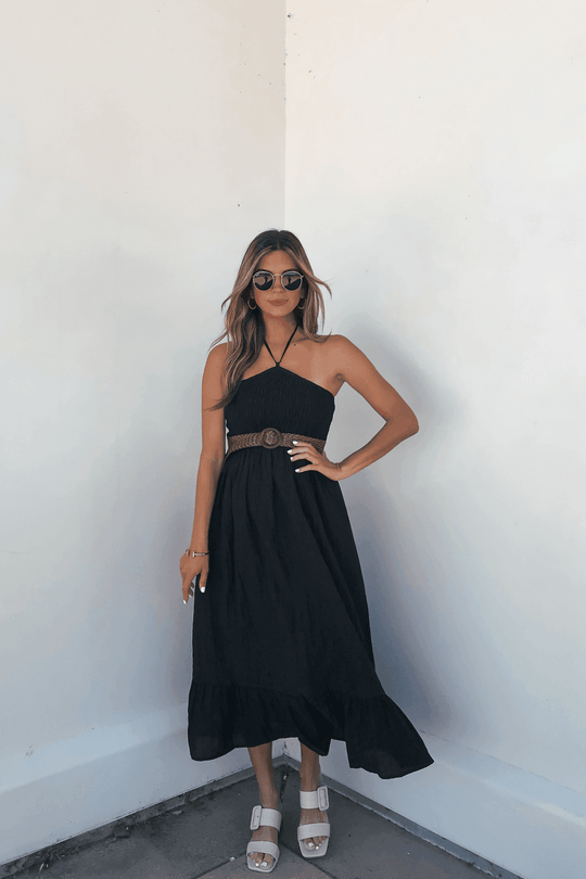 Camille Black Halter Belted Midi Dress - DOORBUSTER - One Revolver Surfboards