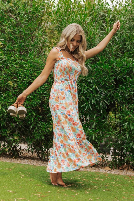 Caribbean Green Floral Smocked Maxi Dress-FINAL SALE - One Revolver Surfboards