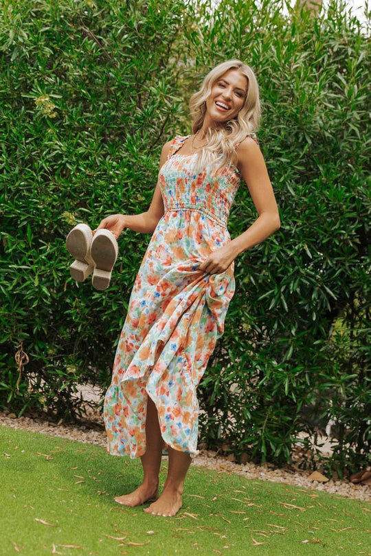 Caribbean Green Floral Smocked Maxi Dress-FINAL SALE - One Revolver Surfboards