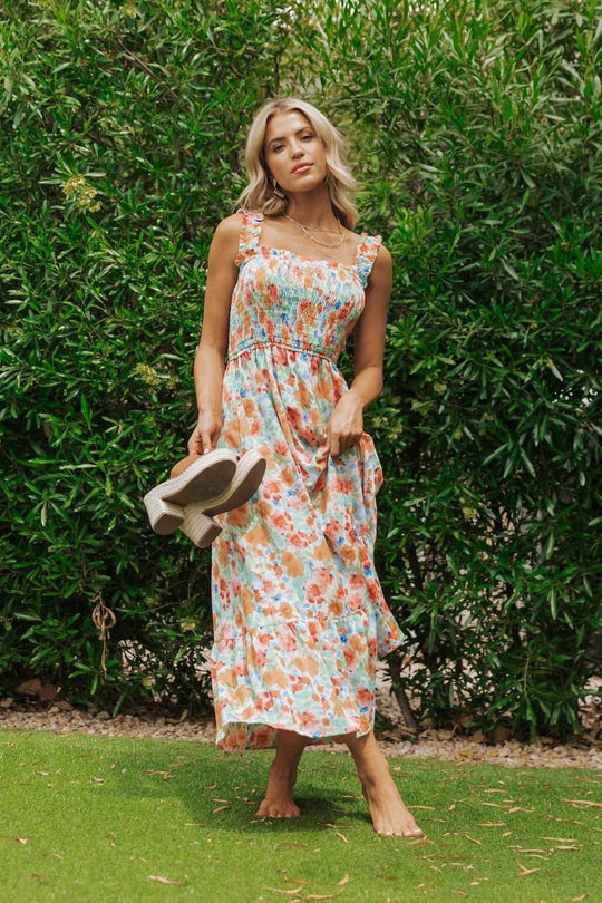 Caribbean Green Floral Smocked Maxi Dress-FINAL SALE - One Revolver Surfboards