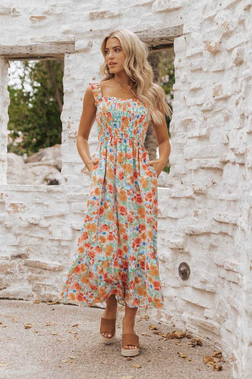 Caribbean Green Floral Smocked Maxi Dress-FINAL SALE - One Revolver Surfboards