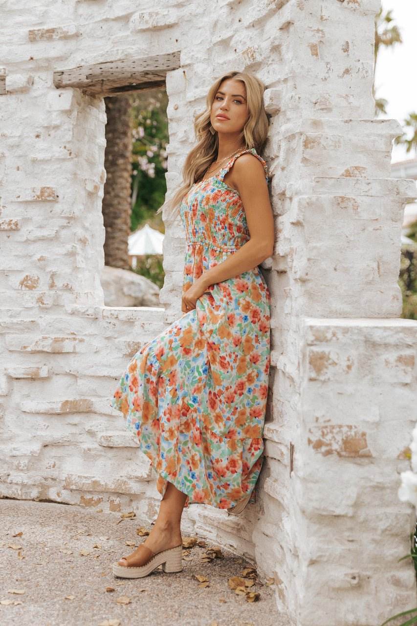 Caribbean Green Floral Smocked Maxi Dress-FINAL SALE - One Revolver Surfboards