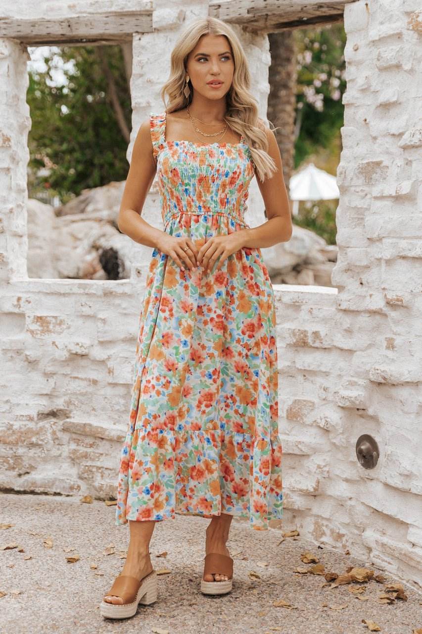 Caribbean Green Floral Smocked Maxi Dress-FINAL SALE - One Revolver Surfboards