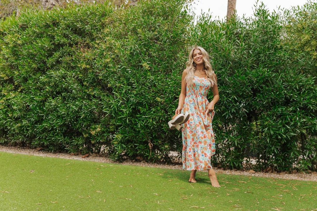 Caribbean Green Floral Smocked Maxi Dress-FINAL SALE - One Revolver Surfboards