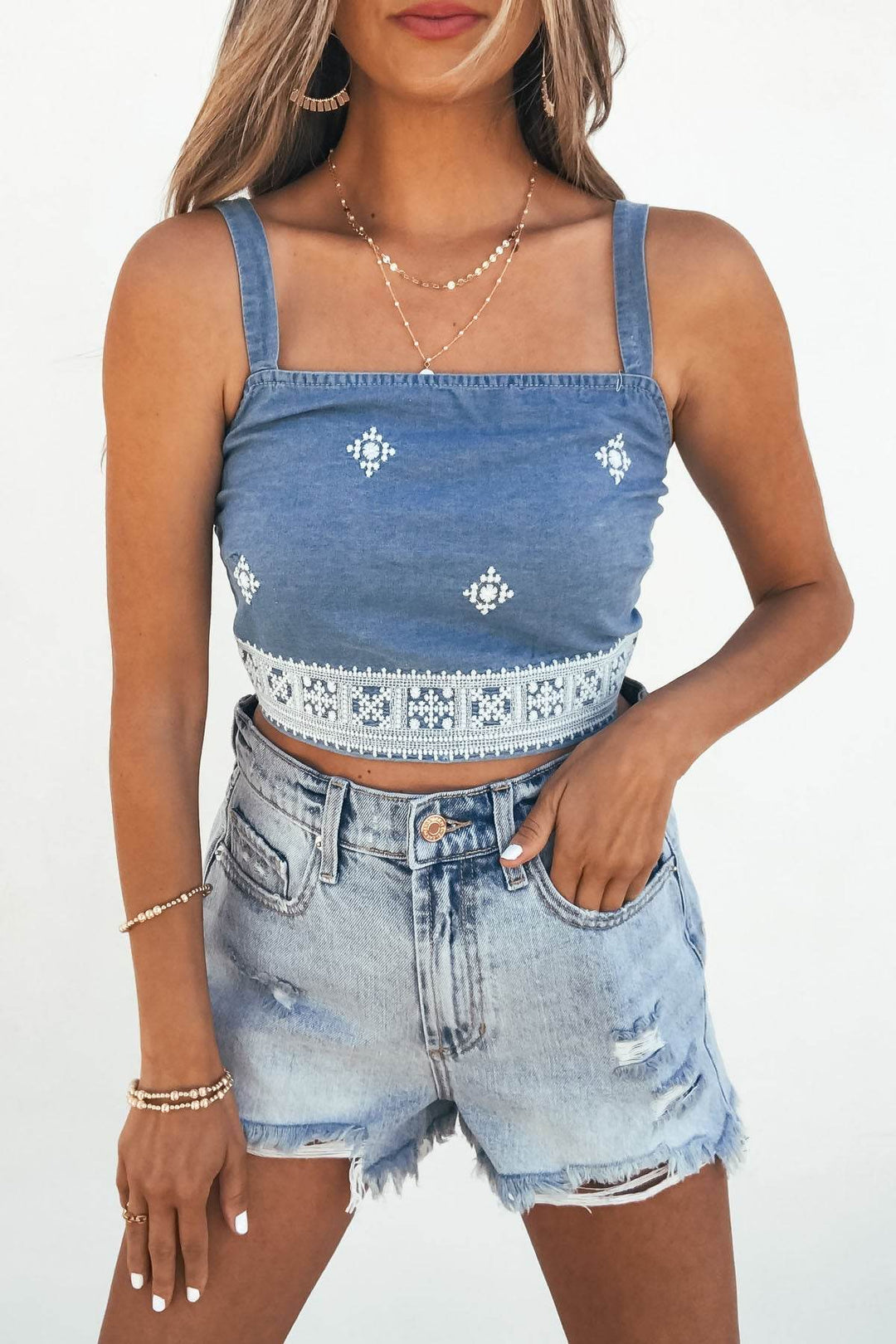 Chambray Diamond Shape Eyelet Smocked Tank Top - DOORBUSTER - One Revolver Surfboards