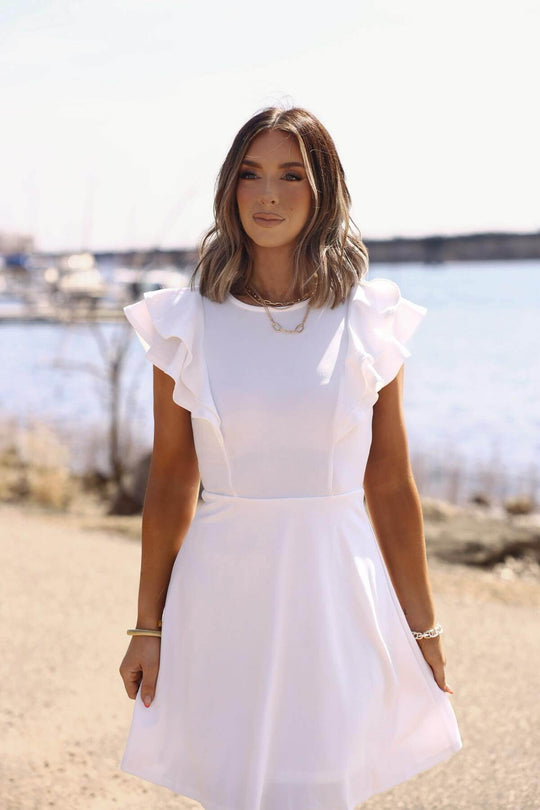Chic & Classy White Flutter Sleeve Mini Dress - FINAL SALE - One Revolver Surfboards