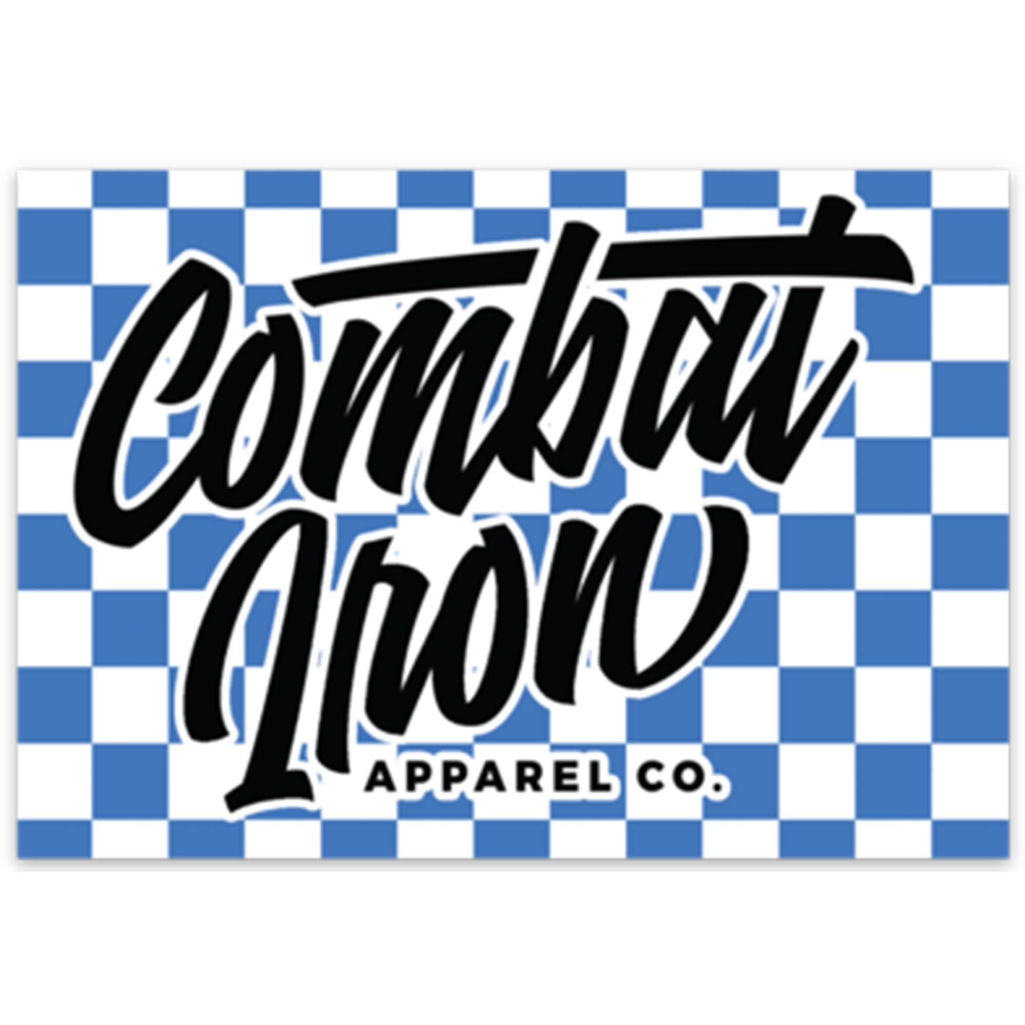 BLUE CHECKERED COMBAT IRON SCRIPT ALL WEATHER DECAL - One Revolver Surfboards