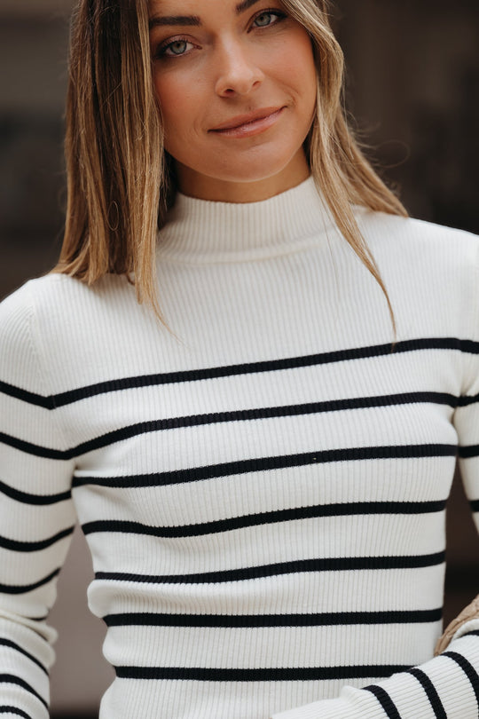 Cream and Black Striped Mock Neck Top - FINAL SALE