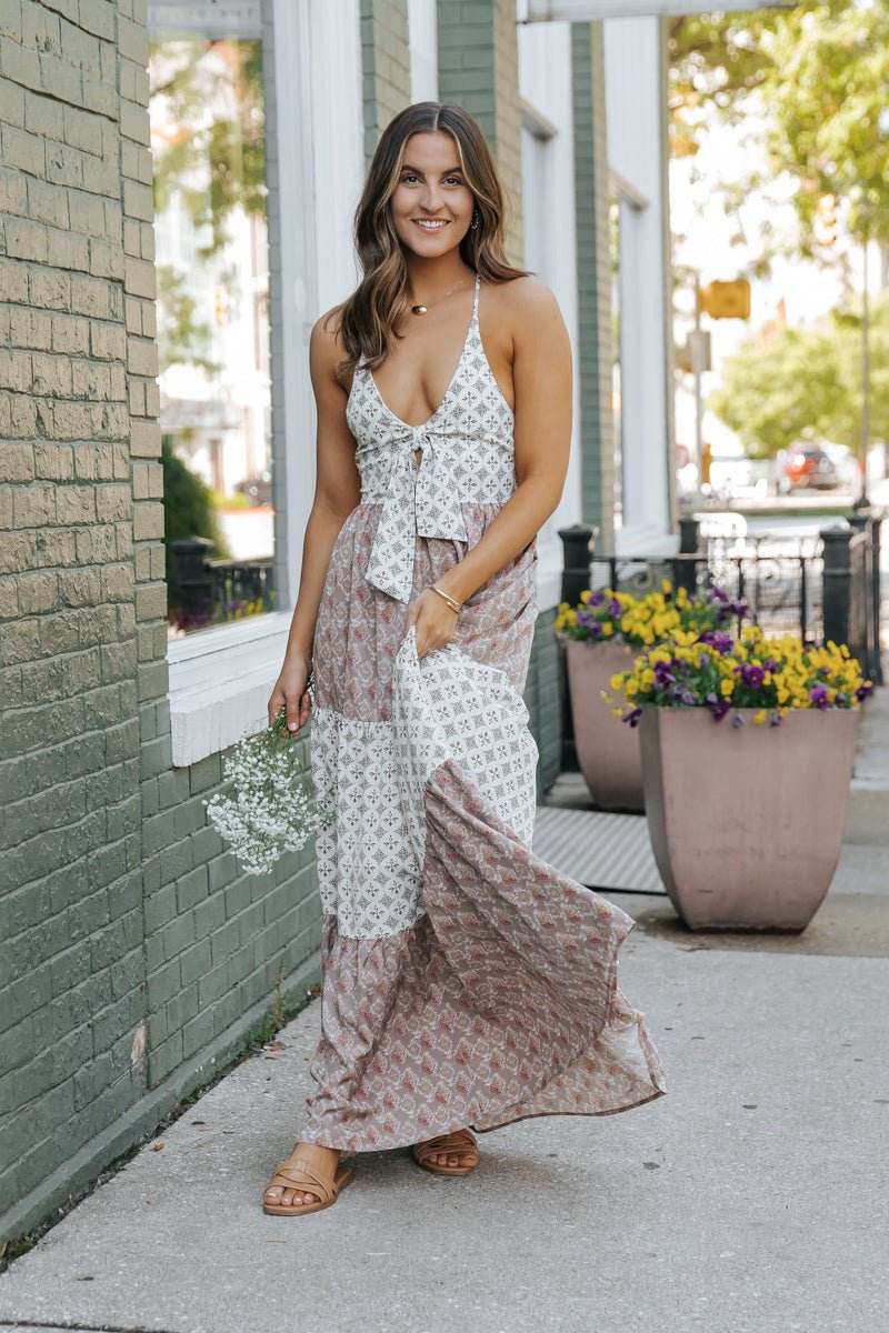 Cream Color Block Halter Maxi Dress - FINAL SALE - One Revolver Surfboards