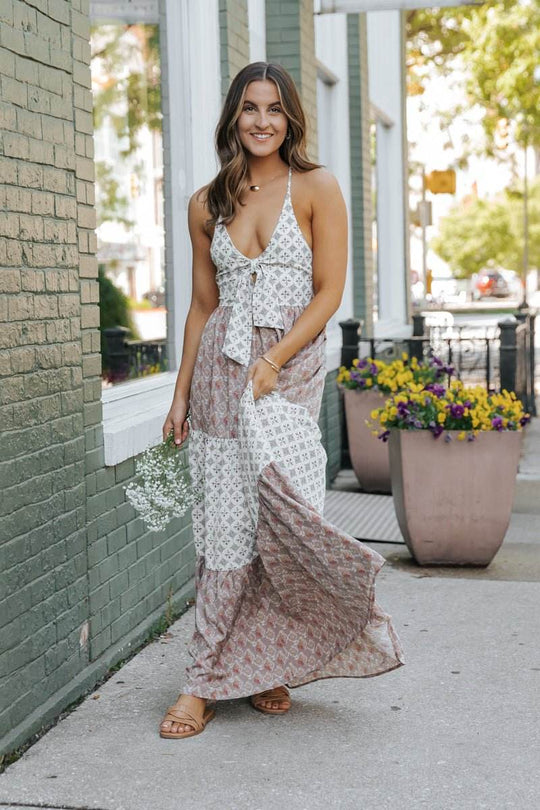 Cream Color Block Halter Maxi Dress - FINAL SALE - One Revolver Surfboards