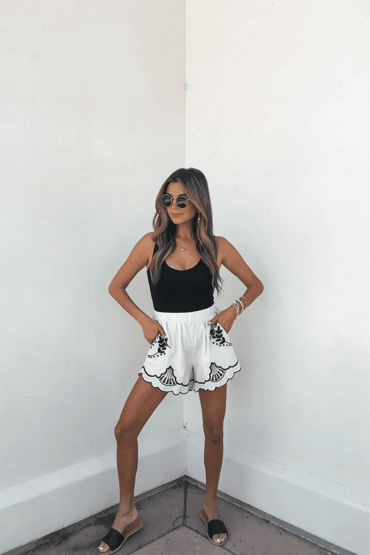 Dahlia Beige Embroidered Shorts - FINAL SALE - One Revolver Surfboards