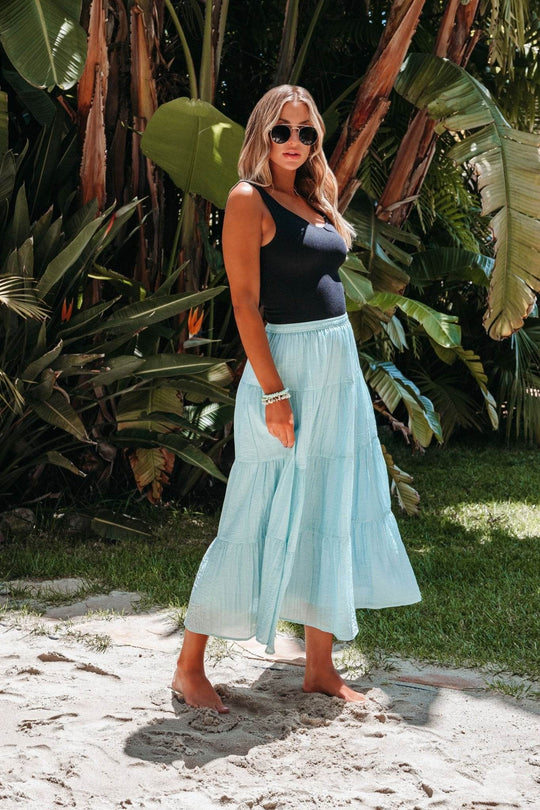 Evangeline Light Blue Tiered Midi Skirt - FINAL SALE - One Revolver Surfboards