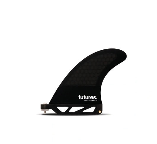 a black surfboard fin with the words futures on it