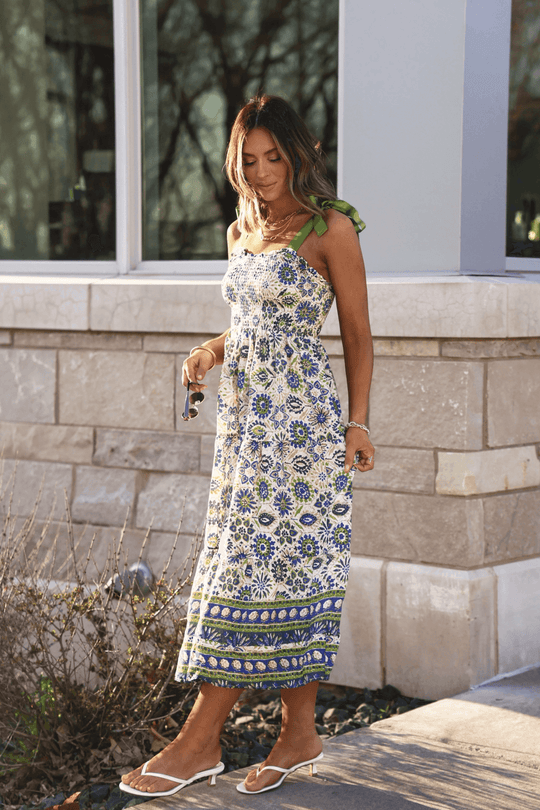 Green Mix Border Print Ribbon Strap Maxi Dress - FINAL SALE - One Revolver Surfboards
