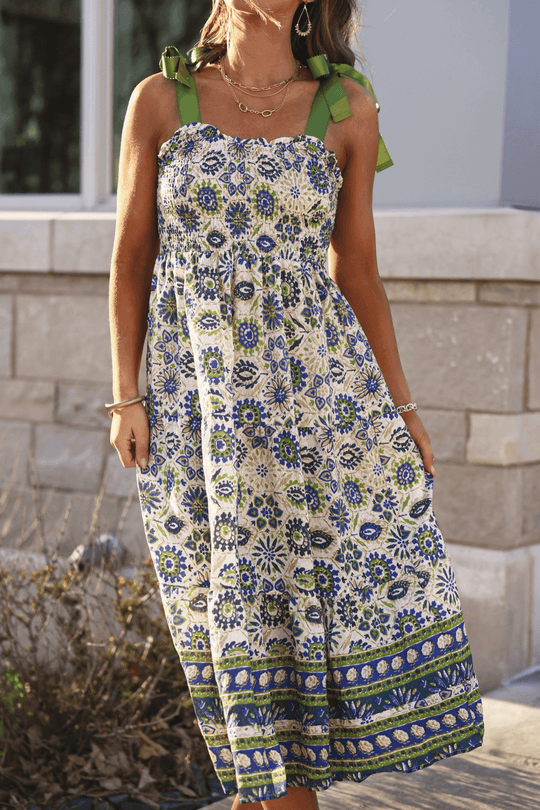 Green Mix Border Print Ribbon Strap Maxi Dress - FINAL SALE - One Revolver Surfboards
