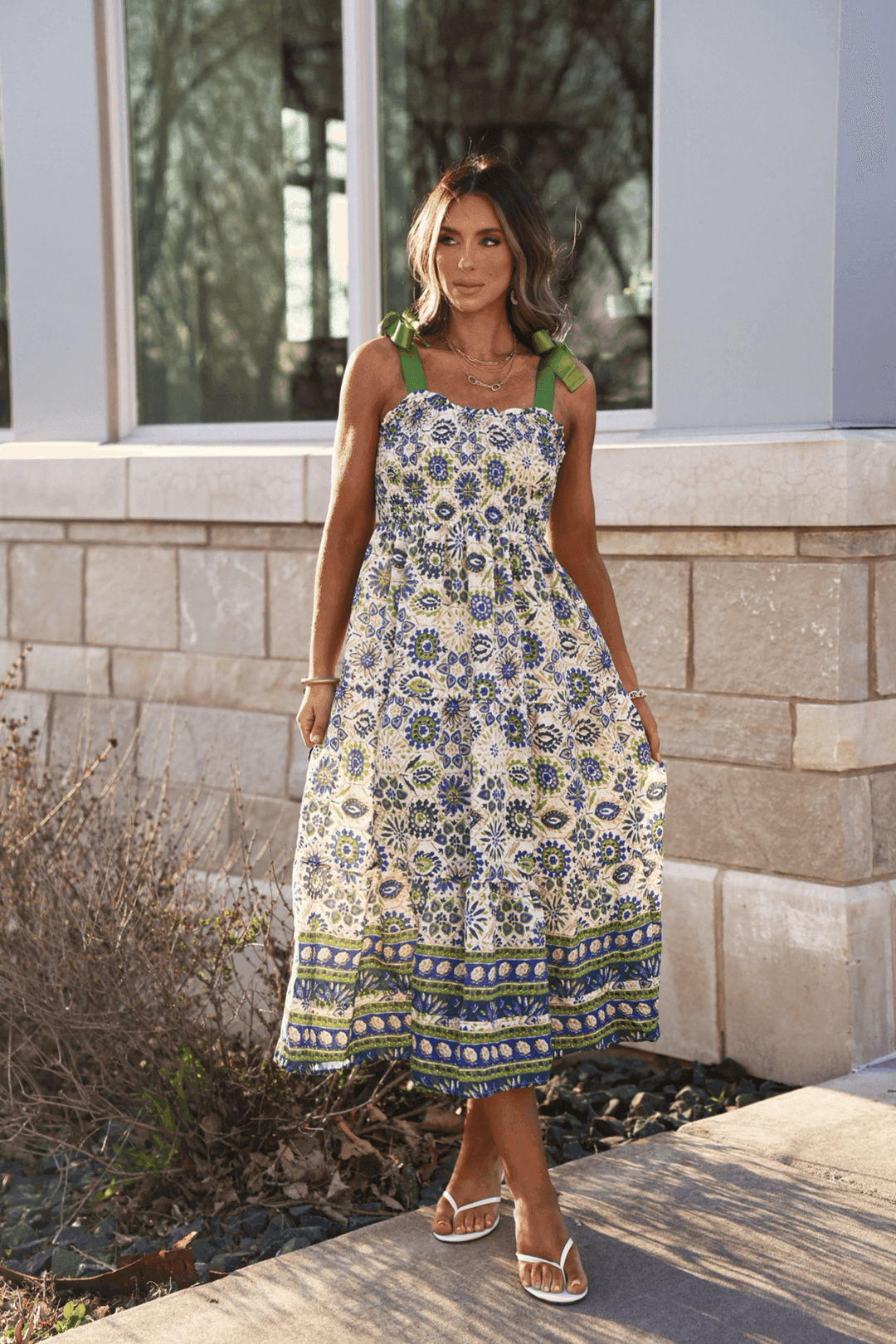 Green Mix Border Print Ribbon Strap Maxi Dress - FINAL SALE - One Revolver Surfboards