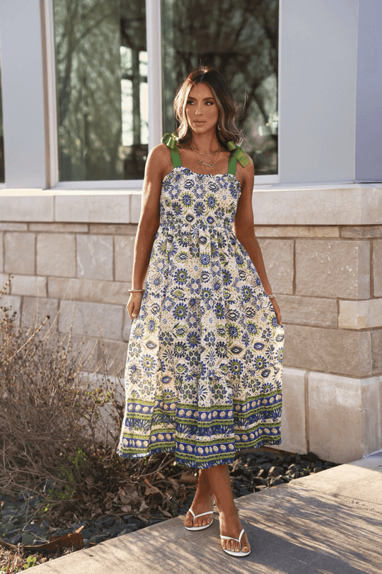 Green Mix Border Print Ribbon Strap Maxi Dress - FINAL SALE - One Revolver Surfboards