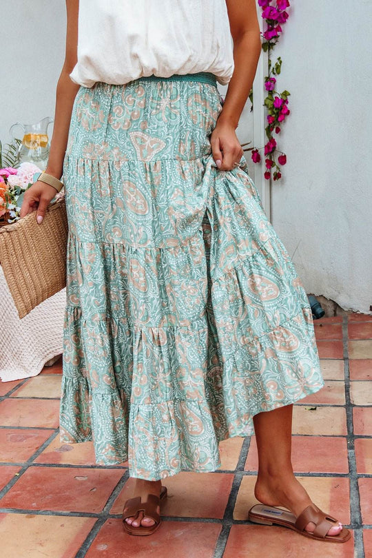 Green Paisley Print Tiered Maxi Skirt - FINAL SALE - One Revolver Surfboards