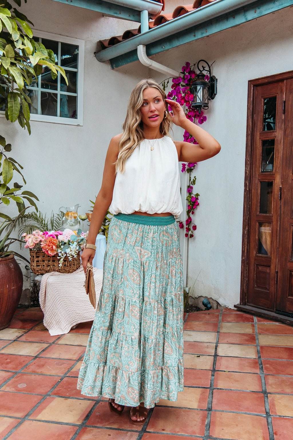 Green Paisley Print Tiered Maxi Skirt - FINAL SALE - One Revolver Surfboards