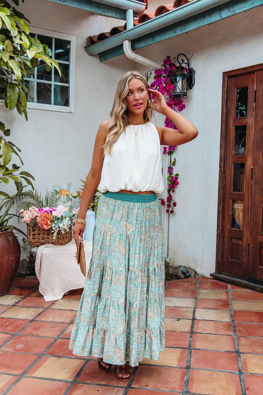 Green Paisley Print Tiered Maxi Skirt - FINAL SALE - One Revolver Surfboards