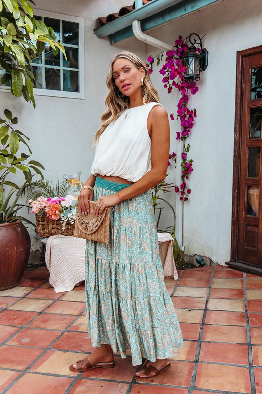 Green Paisley Print Tiered Maxi Skirt - FINAL SALE - One Revolver Surfboards